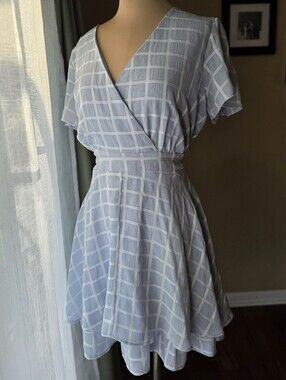 4 Hearts Blue White Plaid Tiered Faux Wrap Dress Size XL V-Neck Tie Back Summer